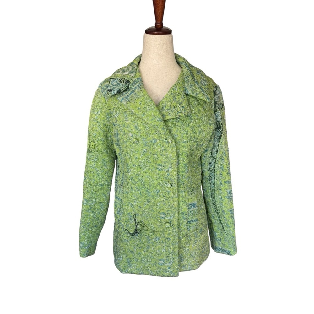 Vintage 90s y2k Tracy Feith Silk Green Paisley Quilted Blazer Jacket sz 2 XS